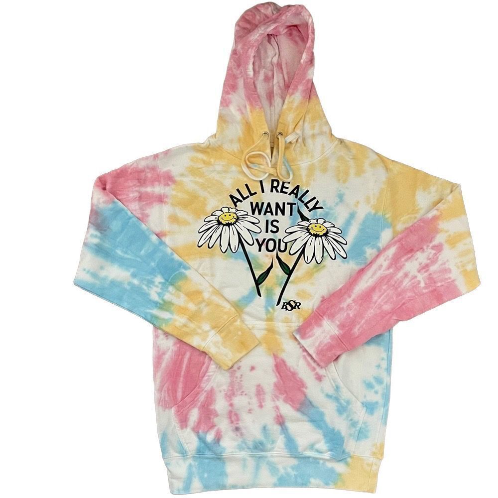 By Sami Ryan Pink Blue Yellow Tie Dye Graphic Print Hoodie Sweatshirt SZ S NWOT